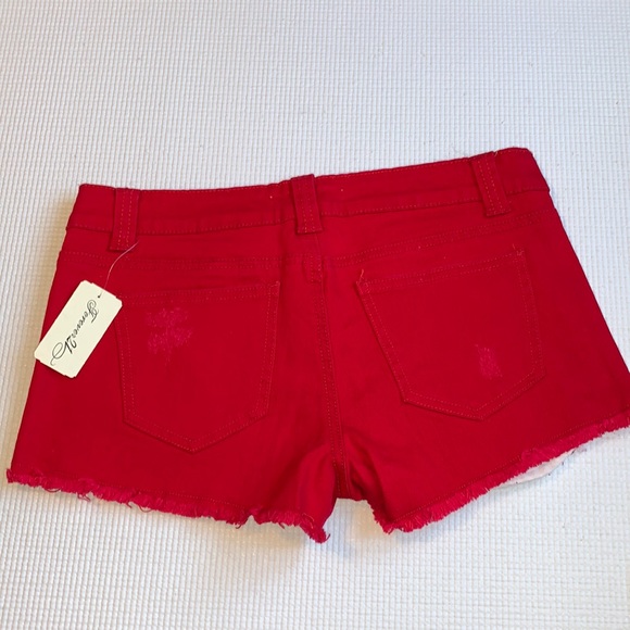 Distressed Raw Edge Red 5 Pocket Denim Shorts - Picture 9 of 16